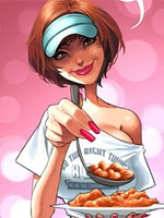 Busty redhead toon beauty in tight shorts and top teasing homeless guys while trying to feed them.