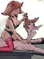 Lusty toon wife jane jetson in sexy black stockings dominates her submissive husband.