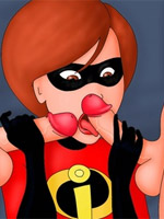 Cartoon busty hero helen parr takes two cocks in her mouth at the same time.