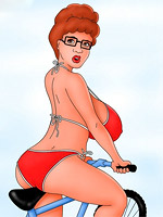 Lusty cartoon wife showing her boobs and spreading her legs on the bed.