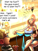 Two perverted dudes trying to persuade busty toon blonde to wear mini bikini.