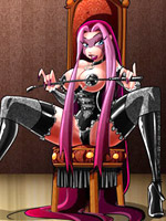 Pink hair drawn bimbo in latex corset and stokings spreading wide.